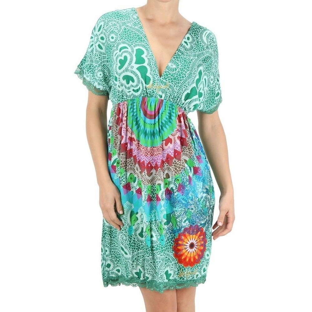 Desigual Green V-Neck 00s Boho Fairy Mini Dress Artsy Mandala Print Lace Trim M